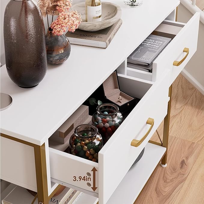 HITHOS Industrial Console Table with Drawers, Vintage Hallway Foyer Table with Storage Shelves, Narrow Long Sofa Entryway Table for Living Room, White/Gold