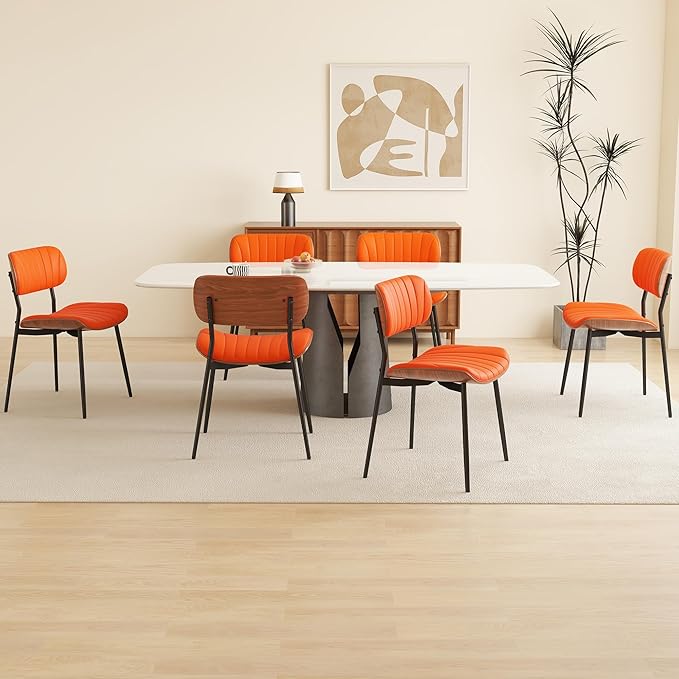 Modern PU Leather Dining Room Chairs Set of 6, Upholstered Kitchen Chairs with Walnut Bentwood Back and Metal Legs Adjustable Feet for Kitchen Dining Room(Orange)