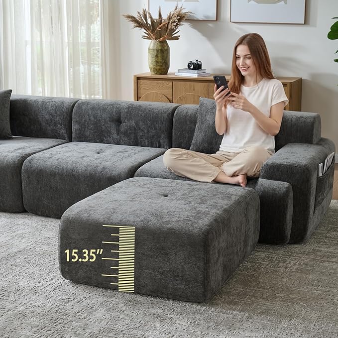 LIDYUK 118" Modern L-Shaped Boneless Couch Modular Sectional Sofa for Living Room, Chenille Upholstery Grey, Oversized 3-Seater Sectional Couch with Deep Seat and Movable Ottoman, No Assembly