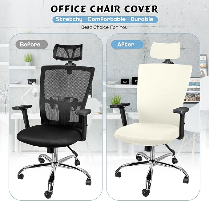 Lounsweer 3 Pieces Office Chair Cover Rolling Desk Chair Cover Gaming Covers Stretch Washable Protector Pets Slipcovers for Swivel Armchair Boss(Classic,Ivory White)