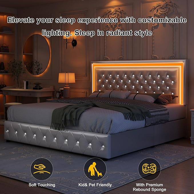 Queen Led Bed Frame with 4 Storage Drawers, Bed Frame with Led Lights No Box Spring Needed, 900 lbs Capacity, Easy Assembly, PU White