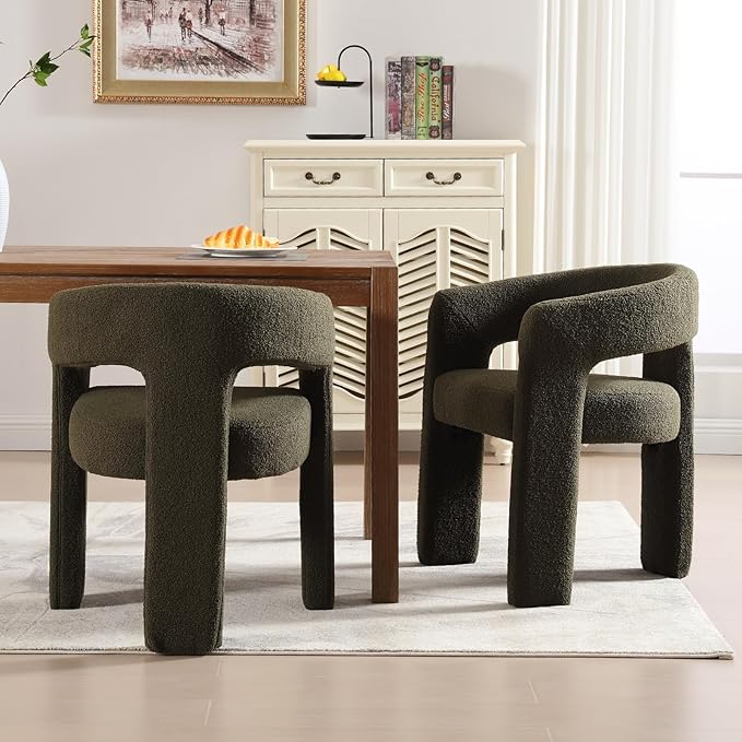 Modern Sherpa Dining Chairs Set of 4, Upholstered Barrel Chairs with Arms Comfy Accent Side Chairs for Living Room/Dining Room/Reception, Green