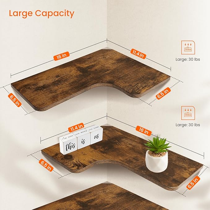 Homode Corner Floating Shelves, Corner Shelves Wall Mounted with Cord Hole, Set of 3 L Shape Wood Wall Storage Shelves for Living Room Bedroom Bathroom Kitchen, Rustic Brown