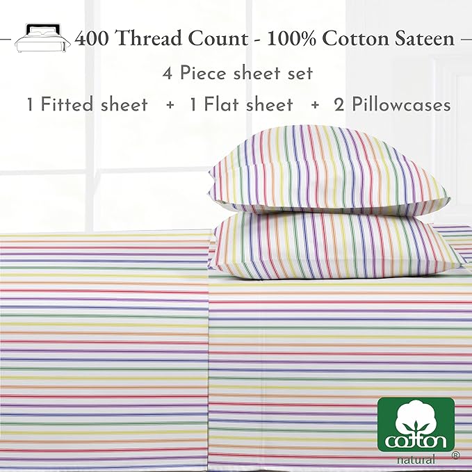 California Design Den Rainbow Striped King Size Sheets Set - Luxury 400 Thread Count Sateen, Natural 100% Cotton Sheets, Deep Pockets, Cooling and Durable Bedding Set - Rainbow Striped