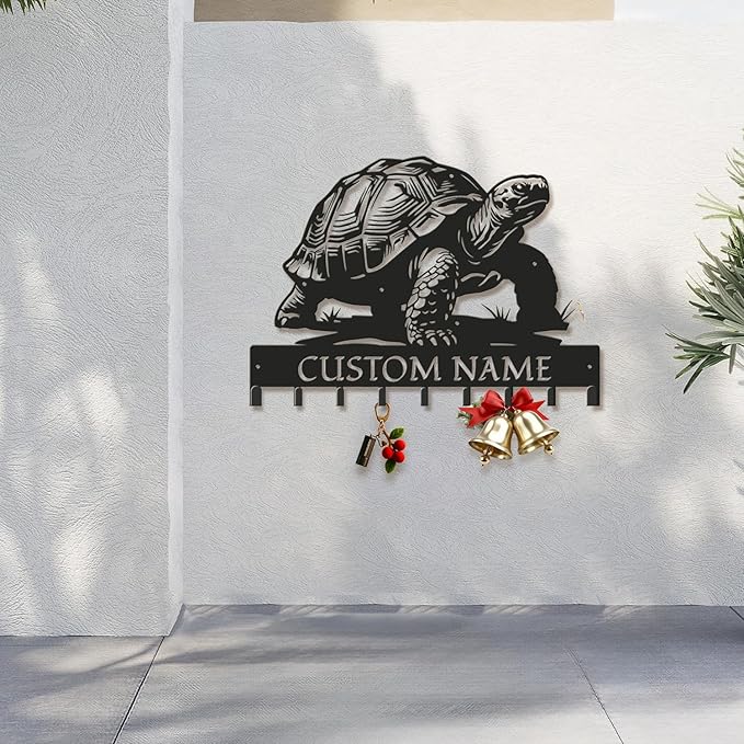 Custom Tortoise Metal Key Holder for Wall, Personalized Family Name Metal Sign with Hooks, Entryway Coat Rack and Organizer for Keys, Leashes, Hats (Style-1)