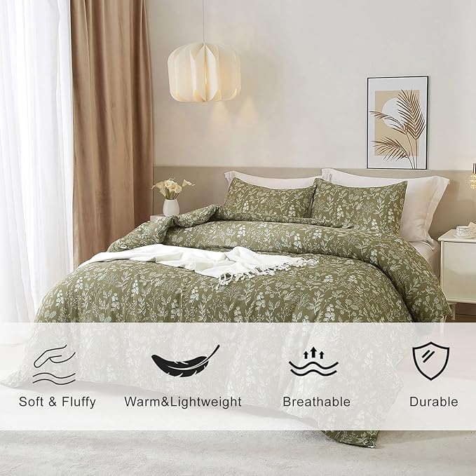 EAVD Fresh Botanical Floral Comforter Set Full Dark Olive Green Soft Microfiber Chic Cute Garden Floral Bedding Comforter Set 1 Full Comforter and 2 Pillowcases Botanical Comforter for All-Season