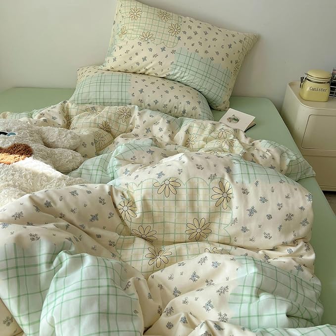 LifeTB Muslin Duvet Cover King Size 100% Cotton Botanical Floral Comforter Cover Aesthetic Flower Chic Plaid Desgin Cottagecore Bedding Set Breathable Soft Gauze Duvet Cover with 2 Pillowcases