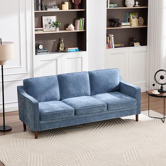 Kingfun 80" Chenille Sofa, 3 Seater Couch, Mid Century Modern Couches with Solid Wood Frame for Living Room & Bedroom, Light Blue