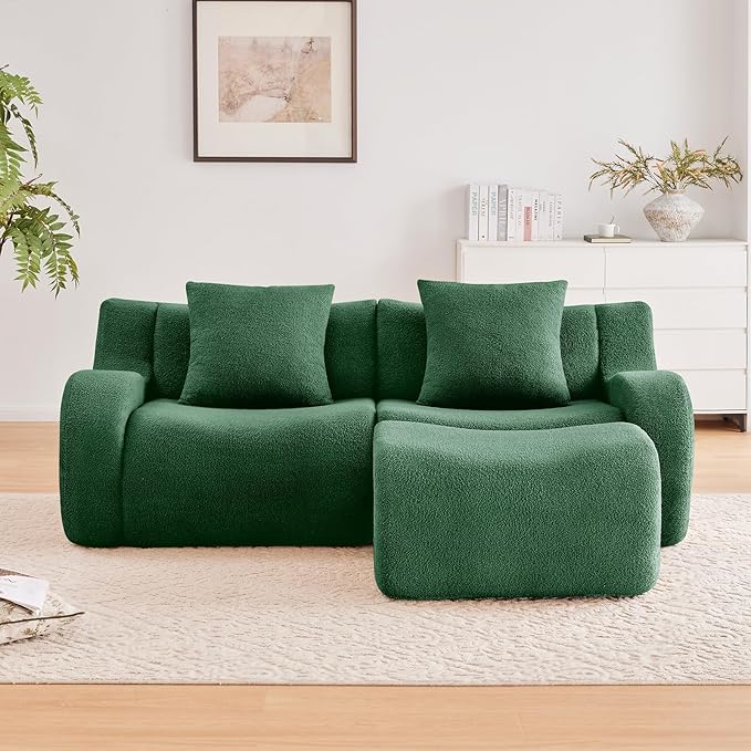 Green Modular Cloud Couch Loveseat with 1 Ottoman, Teddy Fabric Boneless Sectional Sofa in a Box, Comfortable Floor Sofa for Living Room, No Assembly Required, Sofas para Sala