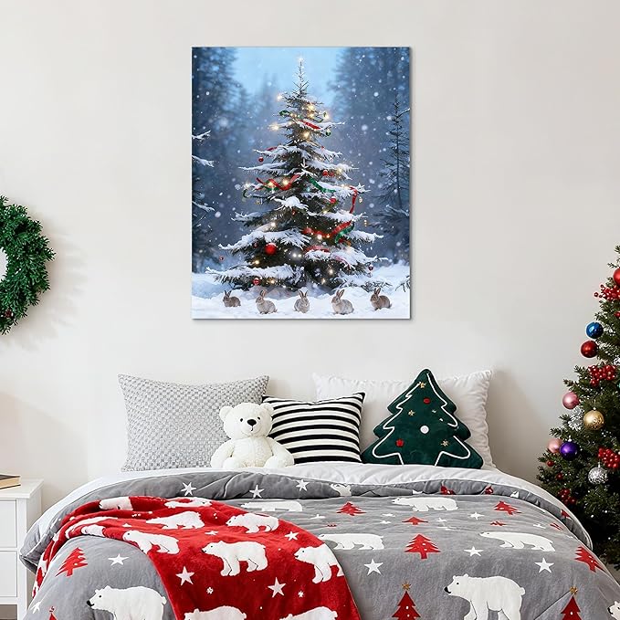 Framed Christmas Pictures Wall Decor,Vintage Pine Tree Prints,Winter Christmas Canvas Wall Art Decoration for Bedroom Bathroom Living Room Rustic Xmas Holiday Gifts (Christmas Tree 17, 16'' X 20'')