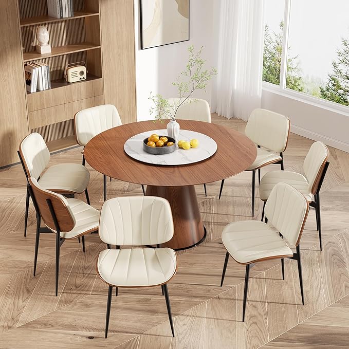 Dining Chairs Set of 4, Mid Century Modern Dining Room Chairs, Upholstered Faux Leather Kitchen Chair with Walnut Bentwood Back for Kitchen Dining Room Living Room, Beige