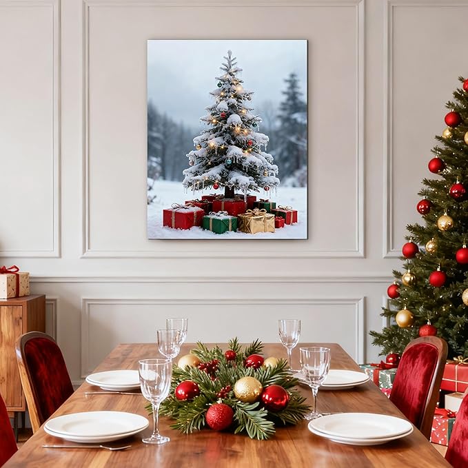 Framed Christmas Pictures Wall Decor,Vintage Pine Tree Prints,Winter Christmas Canvas Wall Art Decoration for Bedroom Bathroom Living Room Rustic Xmas Holiday Gifts (Christmas Tree 11, 12'' X 16'')