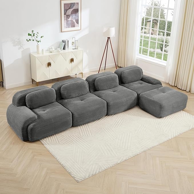 Gray Ottoman for Modular Sectional Sofa, Corduroy Deep Seat for Oversized Compressed Boneless Sectional Couches for Living Room Bedroom Apartment, Cloud Sofa Couch, Memory Foam, No Assembly