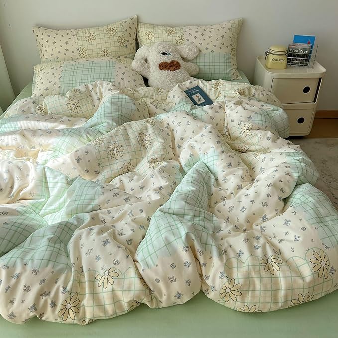 LifeTB 100% Cotton Muslin Duvet Cover Twin Aesthetic Floral Comforter Cover with Botanical Flower Cute Plaid Design Ultra Soft Cottagecore Bedding Set Breathable Gauze Duvet Cover with 2 Pillowcases