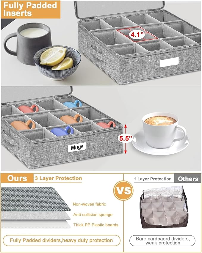 punemi 6-Piece China Storage Containers, Mug & Cup Organizer, Wine Glass Storage Boxes with Dividers & Carry Handles, Structured Moving Boxes for Dinnerware, Glassware, and Stemware ,Grey