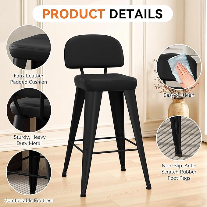 Aklaus PU Leather Metal Bar Stools 26 inch Faux Leather Counter Height Barstools Set of 2 Modern Farmhouse Bar Chairs with High Backs and Faux Leather Seat for Kitchen Island Dining Room Matte Black