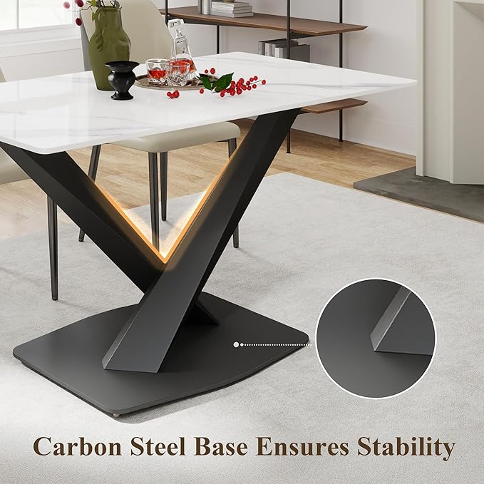 55" Modern Dining Table for 4-6 People, White Sintered Stone Table Top with X-Shape Carbon Steel Pedestal, Large Rectangular Table for Kitchen Living Room