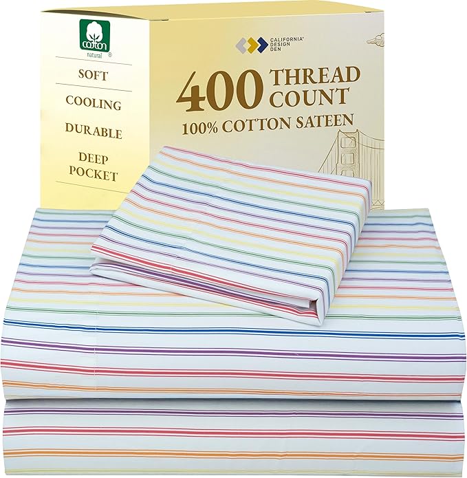 California Design Den Deep Pocket Twin Sheets Set - 400 Thread Count Sateen, Natural 100% Cotton Sheets, Cooling and Durable Bedding Set - Rainbow Striped