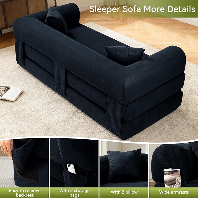 80" Convertible Sofa Bed,Folding Pull Out Couch with Pillows & Storage Pocket,Modular Corduroy Queen Sleeper Sofa in a Box,No Assembly Boneless Couch for Living Room,Deep Blue