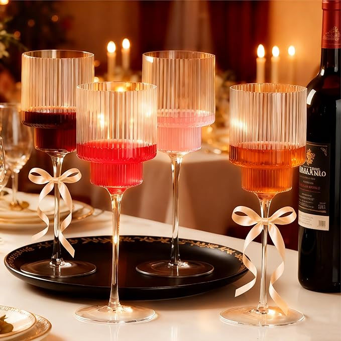 24PCS Ribbed Plastic Wine Glasses - 12oz Unbreakable Wine Glasses with Stem, Disposable Clear Plastic Champagne Cups with Ribbon for Party, Wedding, Poolside, Outdoor, Camping, Picnic