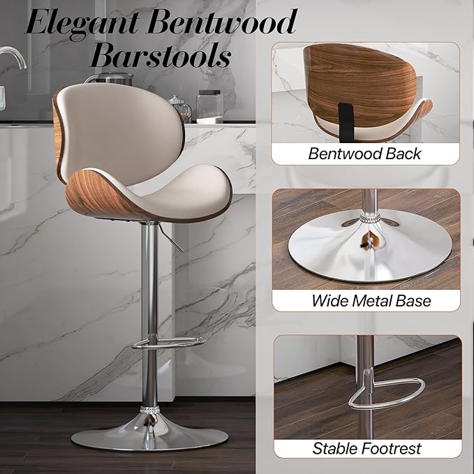 Adjustable Swivel Bar Stools Set of 3, Modern Bentwood Barstool with Large Metal Base and Footrest, PU Leather Upholstered Bar Chair with Curved Back for Kitchen Island Dining Room, White