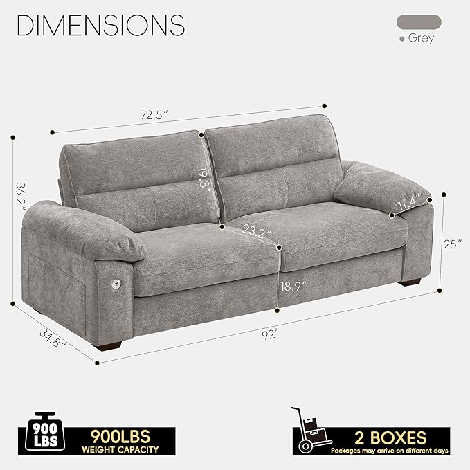 Ihanherry 92" Modern Sofa for Living Room, Deep Seat Chenille Couch with Fast Charging Port & Removable Washable Cushions, Pillow-Armrest Loveseat for Small Space/Apartment, Sturdy Frame, Grey