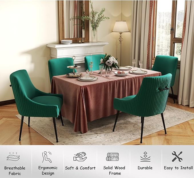 Velvet Dining Chairs Set of 2,Dark Green Upholstered Living Room Chairs with Black Metal Legs, Modern Tufted Accent Chairs for Living Room, Study Room, Kitchen