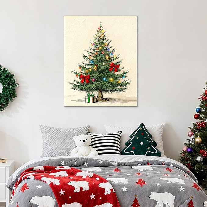 Framed Christmas Pictures Wall Decor,Vintage Pine Tree Prints,Winter Christmas Canvas Wall Art Decoration for Bedroom Bathroom Living Room Rustic Xmas Holiday Gifts (Christmas Tree 9, 12'' X 16'')