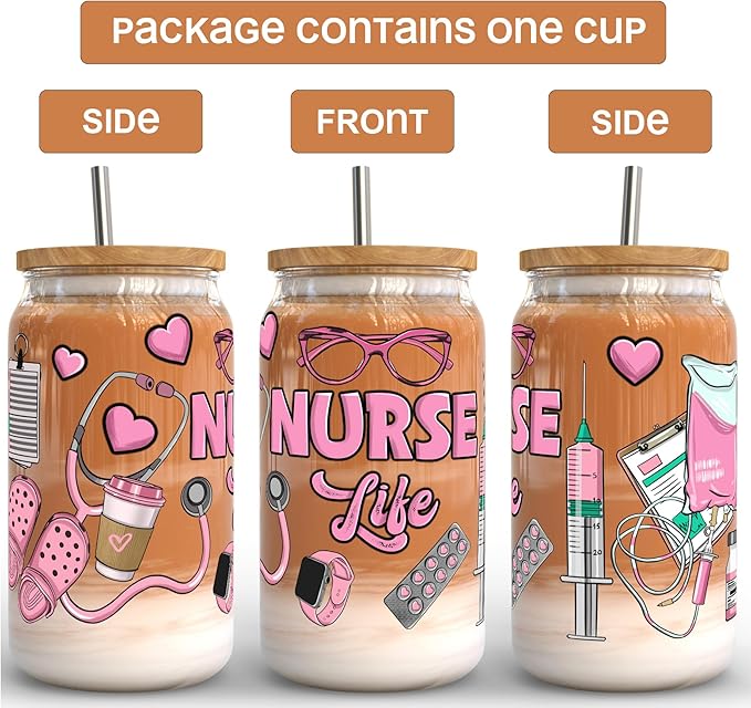 Fancyfams 16 oz Glass Drinking Cup with Bamboo Lid, and Straw, Nurse Cup Gifts for Women, Nursing Student, Practitioner, Registered Rn, Lpn Cool Appreciation Nurse Iced Coffee Gifts (Life)