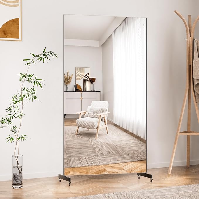 Full Length Mirror with Wheels, 71 "x 40", Black, Nano Film Material Without Glass, shatterproof, Safe, Lightweight, only 13lbs Easy to Move and Install, for Home Gym, Dance & Yoga Studios.