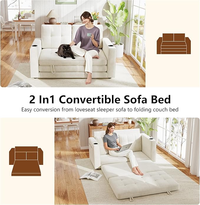 Convertible Sofa Bed, Pull Out Loveseat Sleeper Sofa, 2 in1 Folding Couch Bed Floor Sofa Couch for Small Spaces, Fold Out Floor Bed with Pillows for Living Room Bedroom - Beige