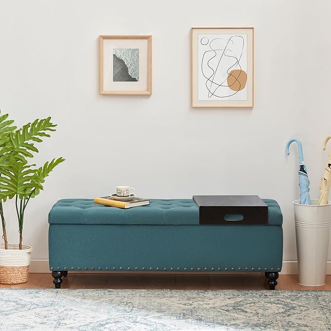 HUIMO 51-inch Storage Ottoman Bench with Removable Tray, Bedroom Bench with Button-Tufted, Safety Hinge Ottoman in Upholstered Fabrics, Large Long Bench for Living Room, Bedroom (Teal)