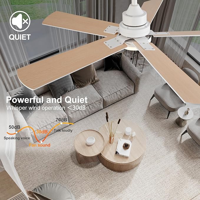 BOOMJOY Ceiling Fan, 52 Inch Modern White with LED Light, Indoor/Outdoor, Quiet Reversible DC Motor, 5 Blades, Remote Control, Suitable for Living Room, Patio, Bedroom