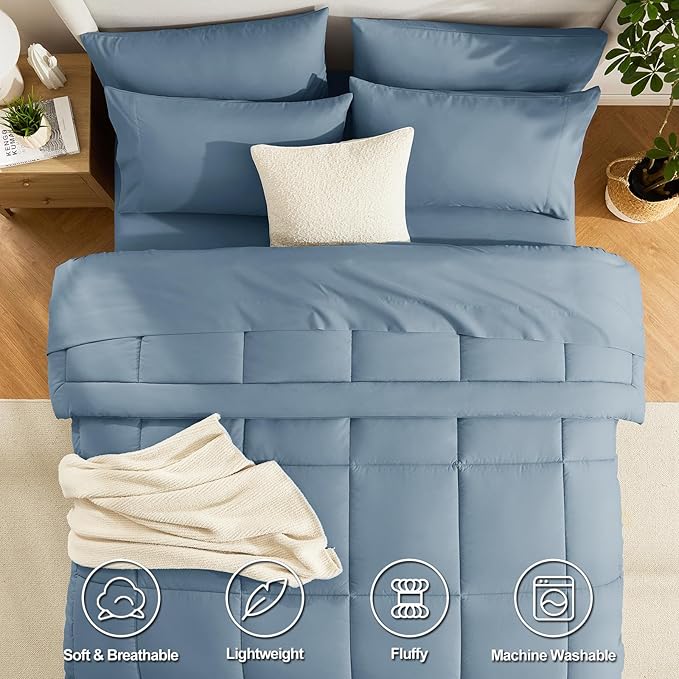CozyLux California King Comforter Sets Mineral Blue, 7 Pieces Cal King Bed in a Bag, All Season Bedding Sets with Stitch Quilted Comforter, Flat Sheet, Fitted Sheet, Pillowcases
