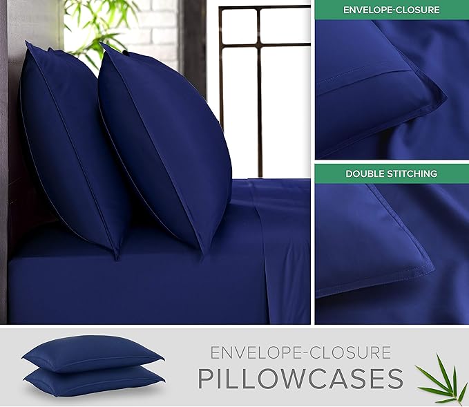 Pure Bamboo Queen Sheets, Genuine 100% Organic Viscose Derived from Bamboo Bed Sheet Set, Luxuriously Soft & Cooling, Double Stitching, 2 Year Quality Promise (Queen, Cobalt Blue)