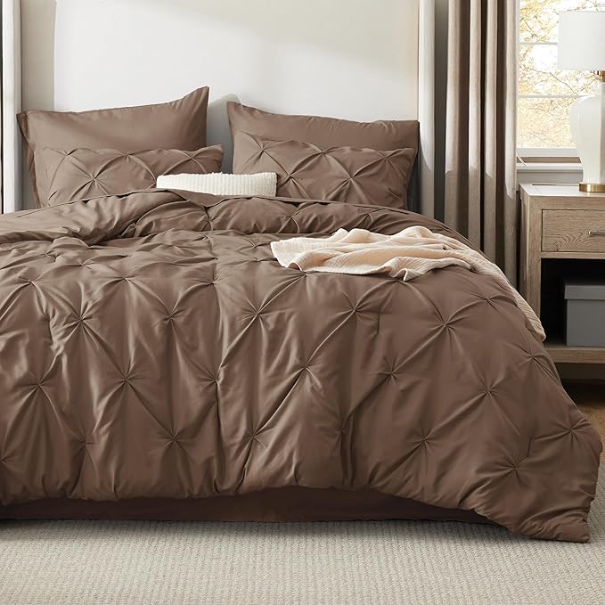 Bedsure California King Comforter Set Brown - Bed in a Bag Cal King Bedding Set 7 Pieces, GentleSoft™ Pintuck Bed Set Gift for Family, Pinch Pleat Brown Comforter with Sheets, Pillowcases & Shams