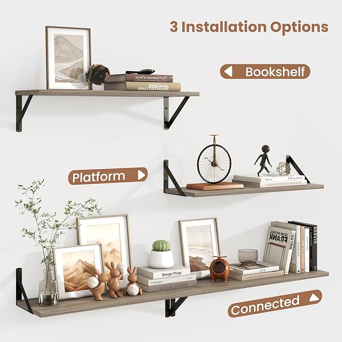 Axeman Floating Shelves for Wall 24 Inch | 24W x 8D Rustic Grey Floating Shelves Set of 2 | 8 Inch Deep Wall Shelves for Bathroom Kitchen Living Room | Bookshelf Display Shelves