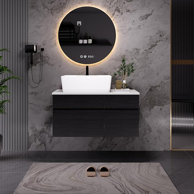 Goujxcy 31.5" Wall Mounted Bathroom Vanity with Sink, Modern Floating Bathroom Cabinet with Ceramic Sink & Storage, Wood Hanging Bath Room Cabinet with Soft-Close System (White & Black)