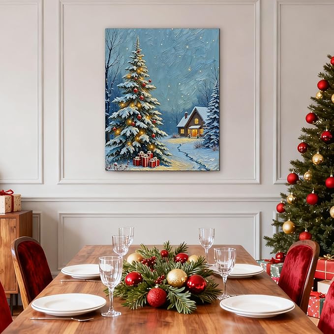 Framed Christmas Pictures Wall Decor,Vintage Pine Tree Prints,Winter Christmas Canvas Wall Art Decoration for Bedroom Bathroom Living Room Rustic Xmas Holiday Gifts (Christmas Tree 20, 20'' X 32'')