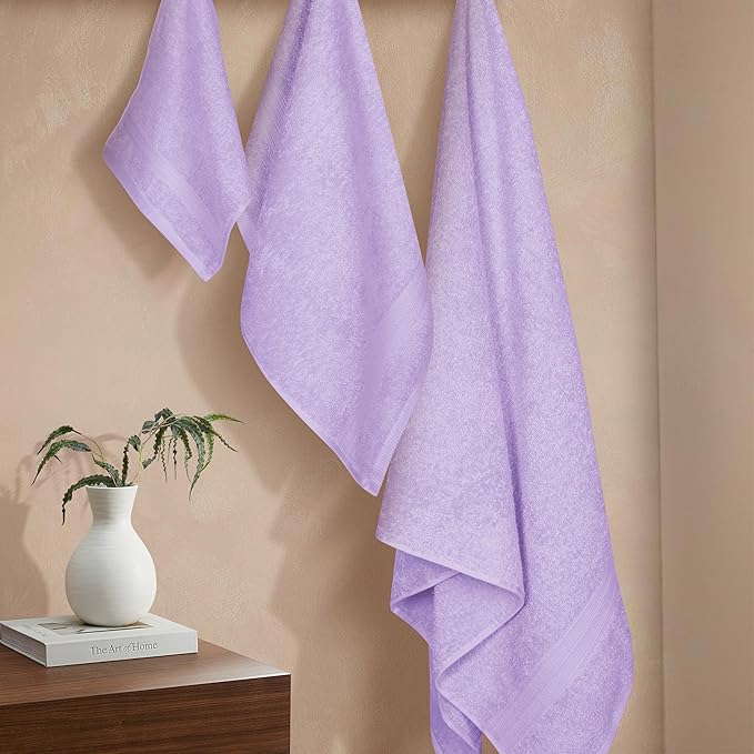 BOUTIQUO Ultra Soft 3 Pack Cotton Towel Set, Contains a Bath Towels 27x54 inch, a Hand Towels 16x24 inch & a Wash Coths 12x12 inch, Ideal Everyday use, Compact & Lightweight - Purple