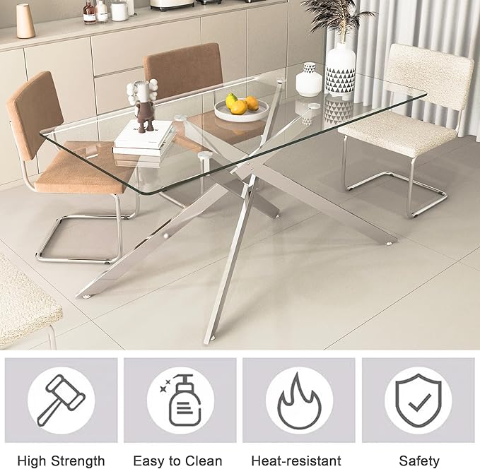 60" Rectangular Glass Dining Room Table for 6 with Tempered Glass Top and Silver Metal Legs, Modern Clear Kitchen and Dinner Table for Home Office Dining Room