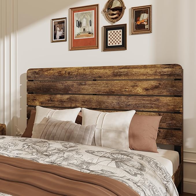 Queen Size Wooden Bed Frame with Headboard, Rustic Farmhouse Platform Bedframe with Wood Slat Support, Sturdy and No Noise, Easy Assembly (Brown, Queen)