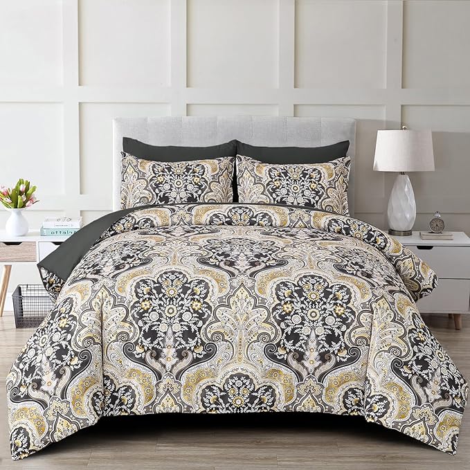 Drucon Boho Paisley Comforter Set Queen Size, 7 Pieces Bed in a Bag Black Gold Comforter Set, Soft Lightweight Bedding Set (1 Comforter, 1 Flat Sheet, 1 Fitted Sheet, 2 Pillow Shams, 2 Pillowcases)