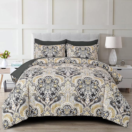 Drucon Boho Paisley Comforter Set King Size, 7 Pieces Bed in a Bag Black Gold Comforter Set, Soft Lightweight Bedding Set (1 Comforter, 1 Flat Sheet, 1 Fitted Sheet, 2 Pillow Shams, 2 Pillowcases)