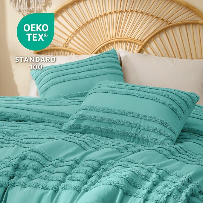 BEDELITE Boho Comforter Set Queen Size, Aqua Tufted Striped Bed Set 3 Pieces, Soft Vintage Farmhouse Comforter for All Seasons, Boho Home Decor,Fluffy Jacquard Bedding with 2 Pillow Shams