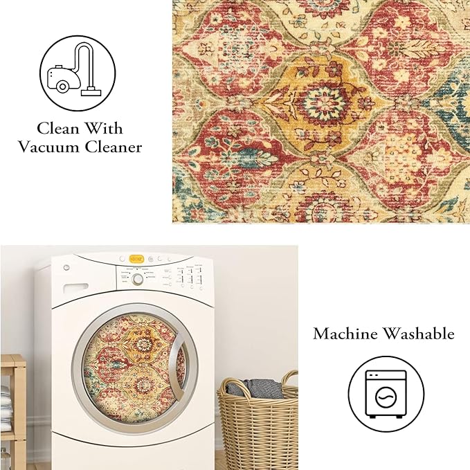 Lahome Moroccan Trellis Washable Round Area Rug, Soft Round Rugs 6ft Ultra-Thin Non-Slip, Vintage Large Circle Carpet for Bedroom Living Room Kitchen Nursery, Red/Orange