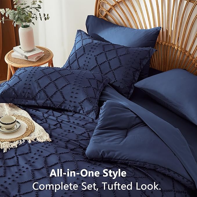 Navy Blue Tufted Comforter Set King Size 7 Piece Bed in a Bag,Shabby Chic Boho Comforter and Sheet Set,All Season Soft Microfiber Complete Bedding Set(Navy Blue,102"x90")
