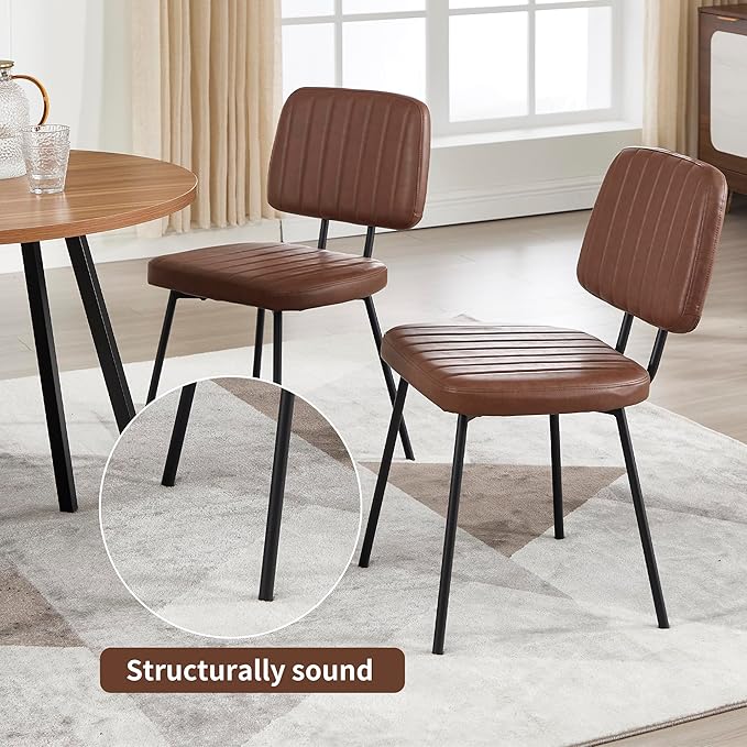 Dining Chairs Set of 2, Faux Leather Upholstered Dining Chairs, Mid Century Modern Kitchen Dining Room Accent Chairs with Curved Backrest and Steel Frame for Living Room, Vanity - Coffee