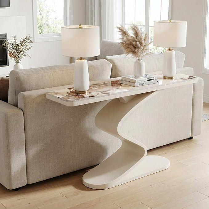 Modern Console Table with Sintered Stone Top, 47" Entryway Table with Sculptural S-Shaped Base Narrow Hallway Sofa Table Behind Couch for Living Room, Accent Furniture(White,39.3"x11.8"x31.5")