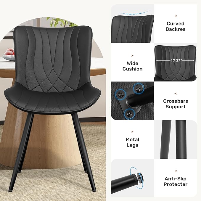 Dining Chair Set of 6 PU Leather Dining Room Chairs Upholstered Comfy Dining Chairs Modern Kitchen Armless Side Chair with Sturdy Metal Legs,Black
